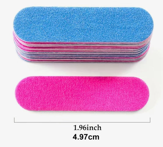 Vibrant nail files in blue and pink, stacked and displayed against a plain background, showcasing the product's dimensions.