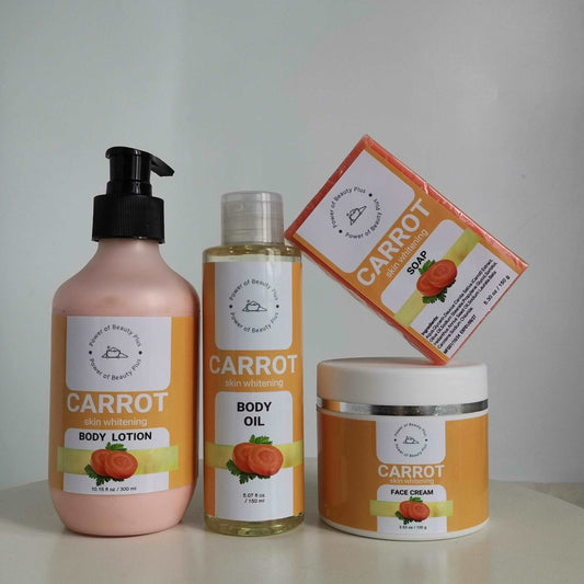 Vibrant carrot-based skin care set featuring body lotion, body oil, and face cream from Handmade Products | Power of Beauty Plus.