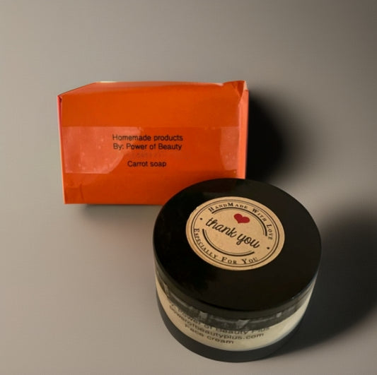 Handmade carrot soap and face cream set by Power of Beauty Plus, packaged in an orange box.