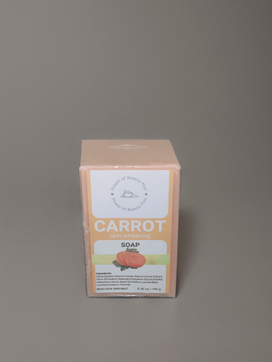 Handmade carrot soap with skin whitening properties, packaged in a square box with the brand name "Handmade products | Power of Beauty Plus" prominently displayed.