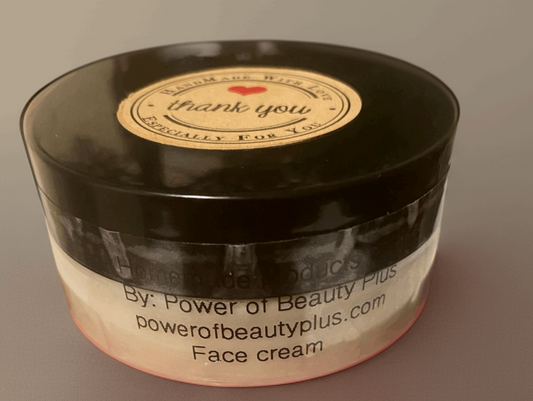 Moisturizing face cream in a dark glass jar with a vintage-style label that says "Thank you" and "Power of Beauty Plus" brand.