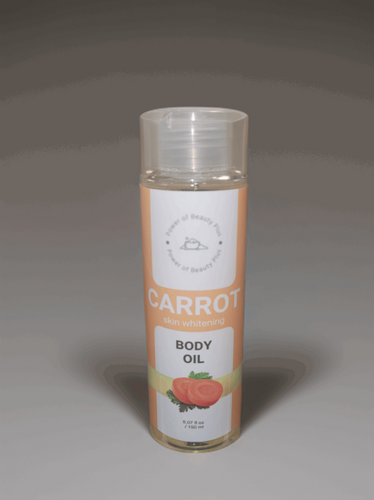 Handmade carrot body oil in clear glass bottle with white label and orange text, skin whitening and moisturizing product.